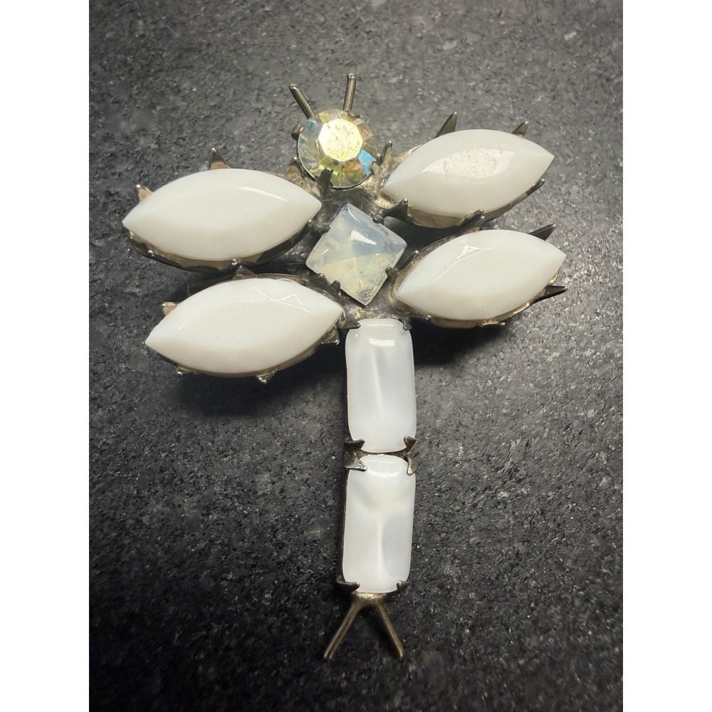 Vintage White Milk Glass Rhinestone Dragonfly Brooch AB‎ Crystal 2" Pin